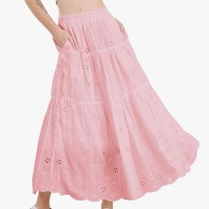 Chic Pink Eyelet Maxi Skirt With Pockets NWT